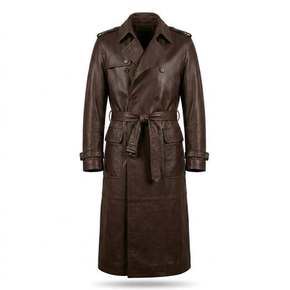  Front view of brown leather trench coat for men with double breasted design