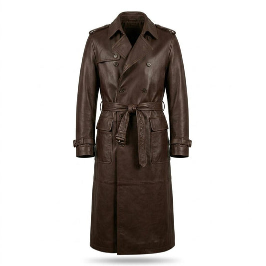  Front view of brown leather trench coat for men with double breasted design