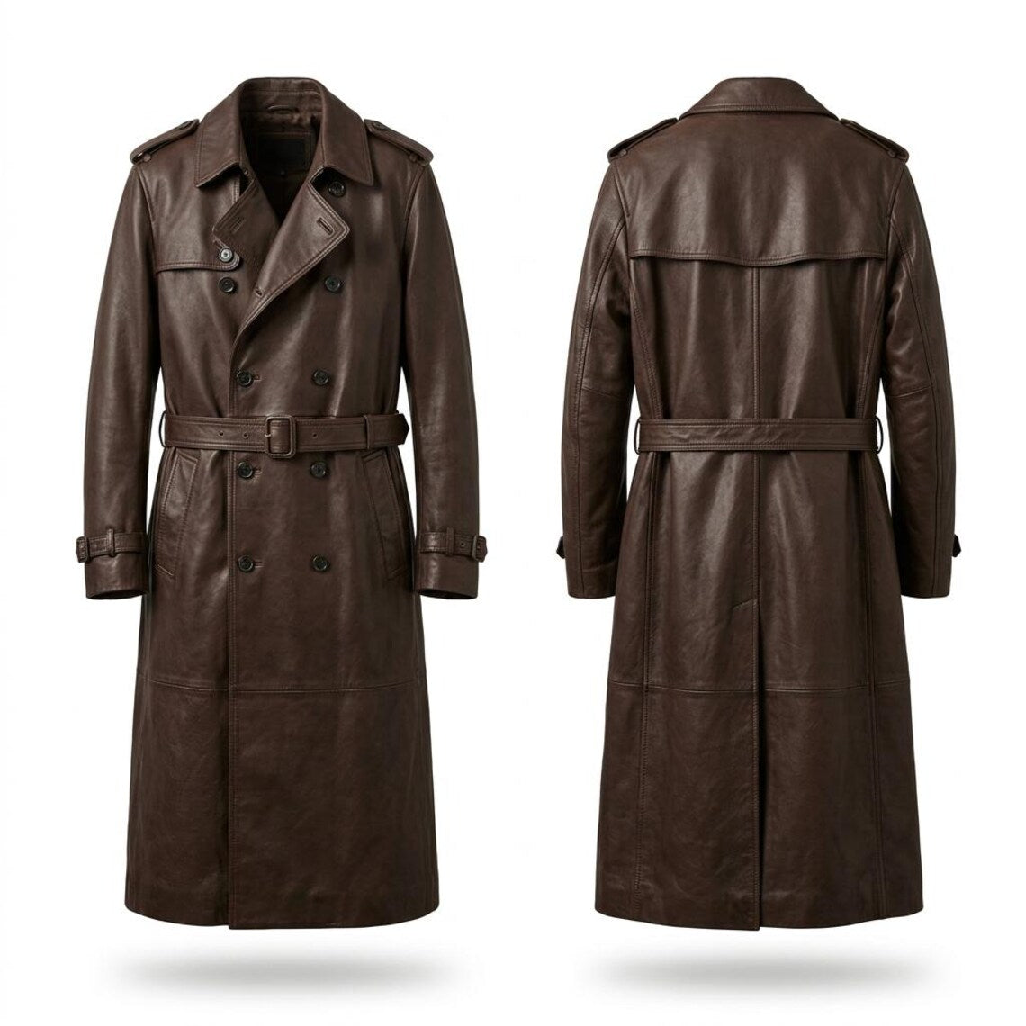 Double breasted brown leather trench coat for men formal wear
