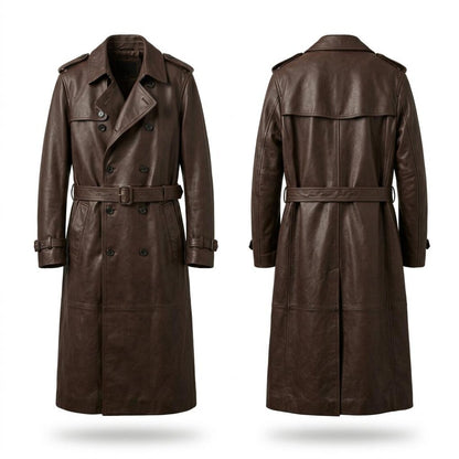 Double breasted brown leather trench coat for men formal wear