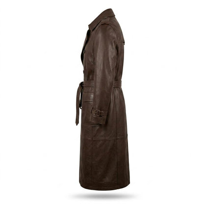  Side view of long brown leather coat for men