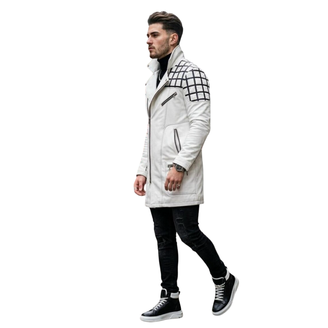 Side view of men white leather long jacket slim fit