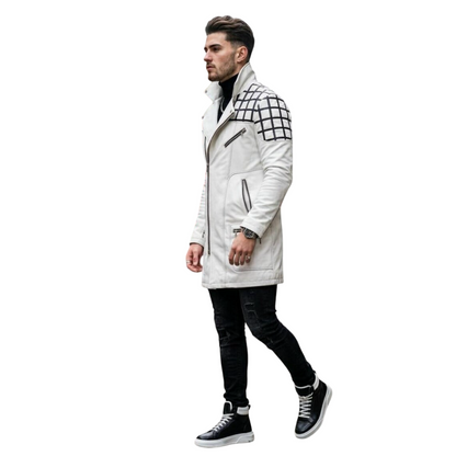 Side view of men white leather long jacket slim fit