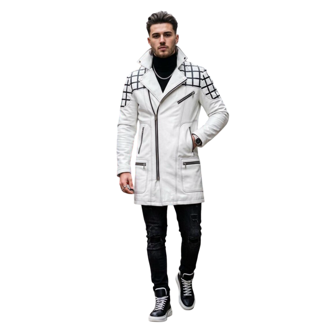Front view of men white leather long jacket with grid shoulder detail