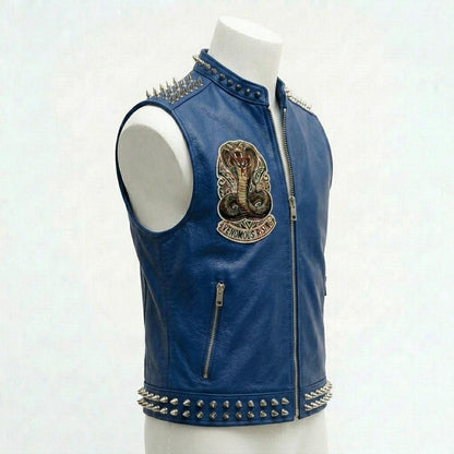 Men Yellow Leather Biker Vest with Snake Patch and Stud Detail