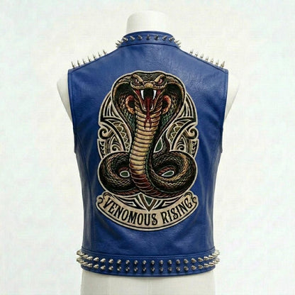Men Yellow Leather Biker Vest with Snake Patch and Stud Detail