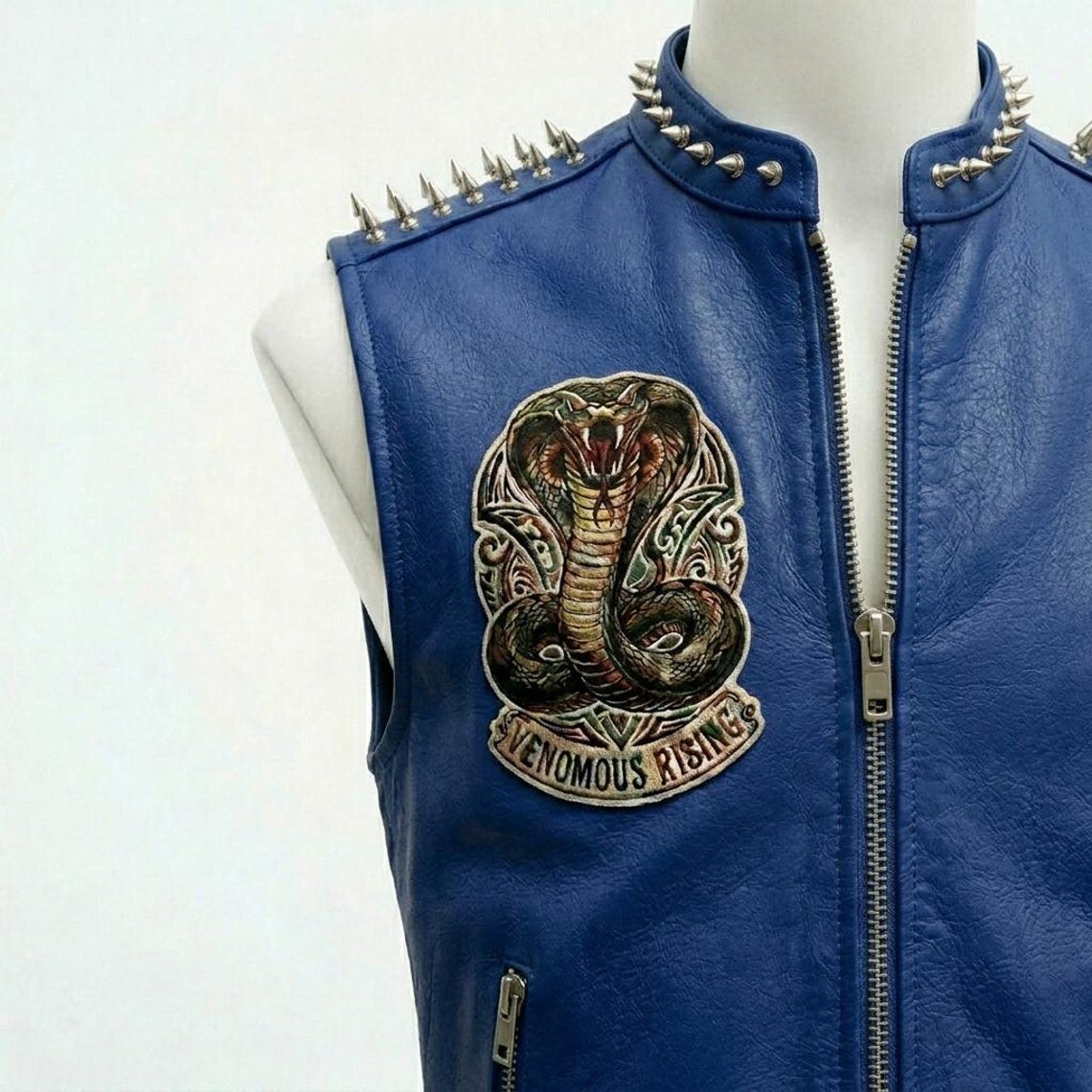 Men Yellow Leather Biker Vest with Snake Patch and Stud Detail