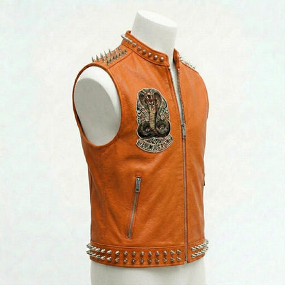 Men Orange Leather Vest with Embroidered Cobra Patch and Studded Detail