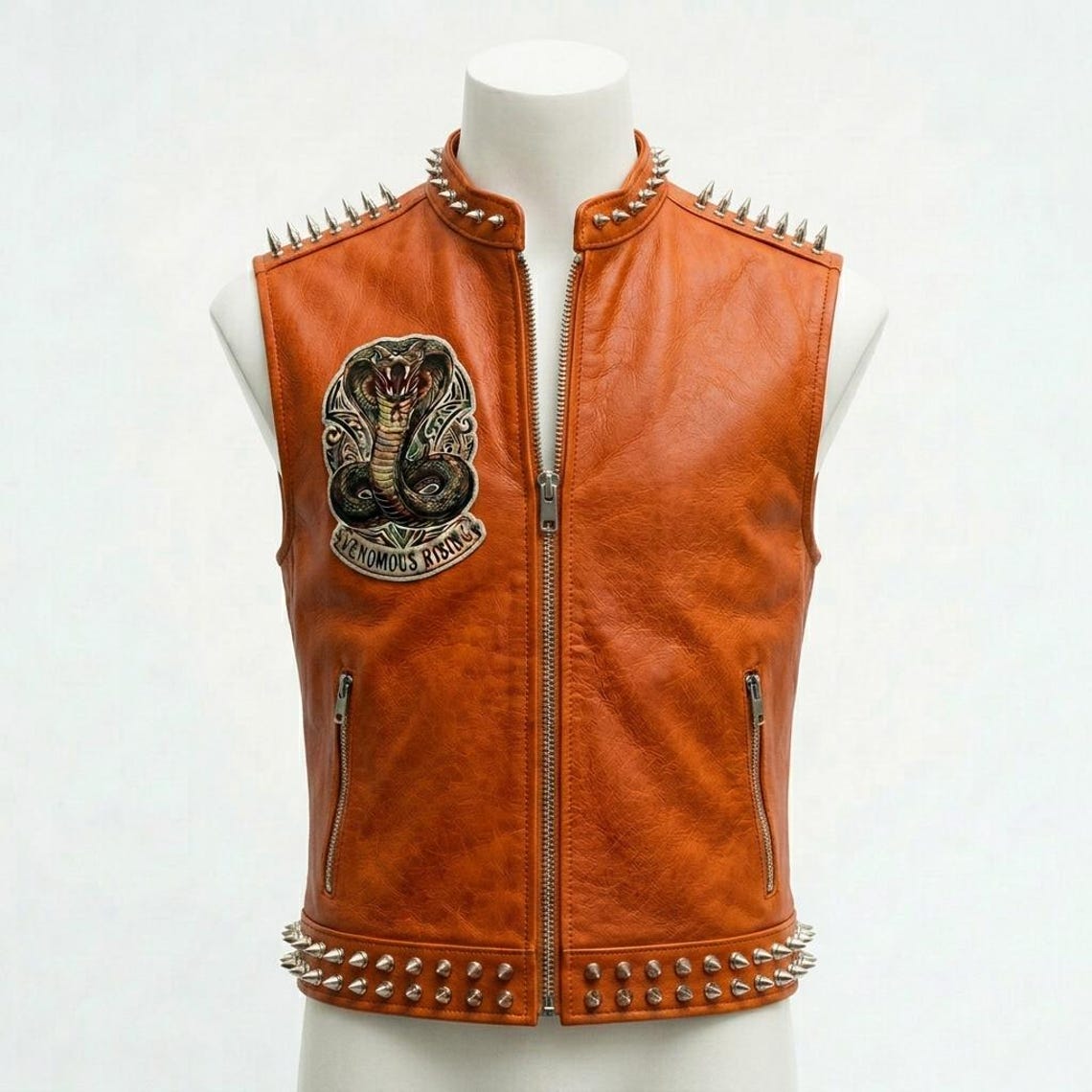 Men Orange Leather Vest with Embroidered Cobra Patch and Studded Detail