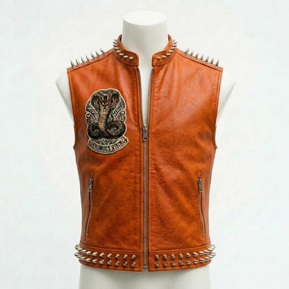 Men Orange Leather Vest with Embroidered Cobra Patch and Studded Detail