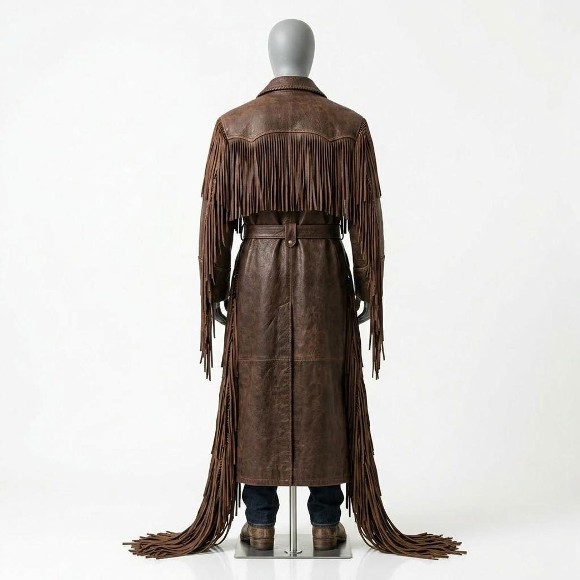 Back view of men western fringe leather overcoat