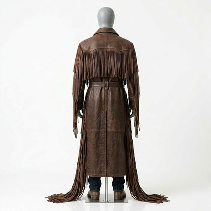 Back view of men western fringe leather overcoat