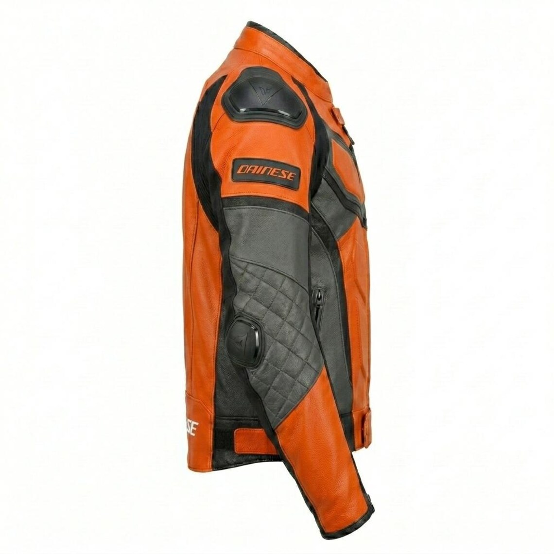 Side angle of orange leather biker riding jacket for men