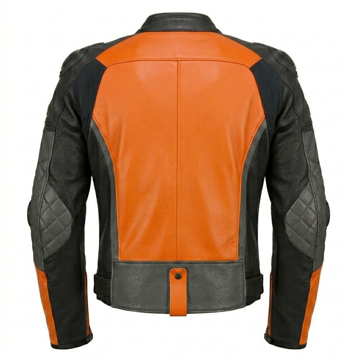 Back design of men orange leather motorcycle jacket