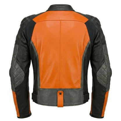 Back design of men orange leather motorcycle jacket