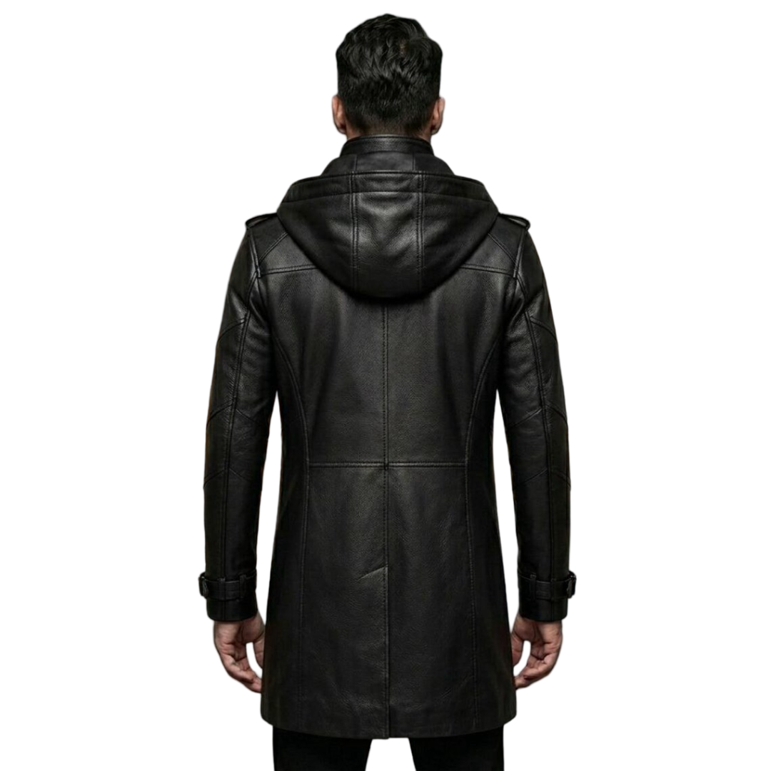  Back view of slim fit black leather motorcycle trench coat