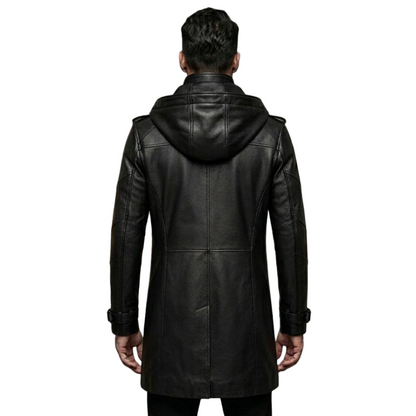  Back view of slim fit black leather motorcycle trench coat