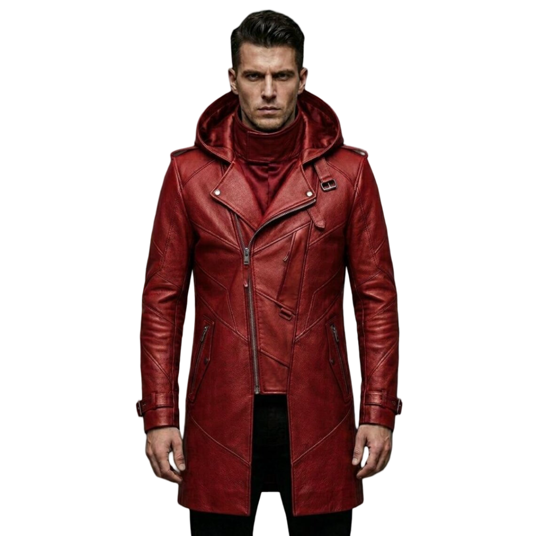 Front view of men red leather hooded biker trench coat slim fit