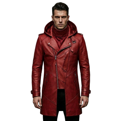 Front view of men red leather hooded biker trench coat slim fit