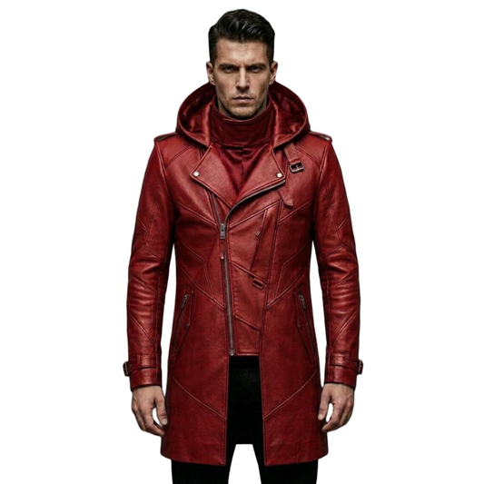 Front view of men red leather hooded biker trench coat slim fit