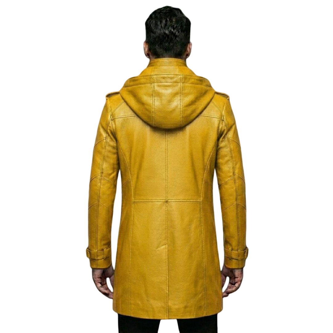 Back view of hooded yellow leather motorcycle trench coat