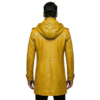 Back view of hooded yellow leather motorcycle trench coat