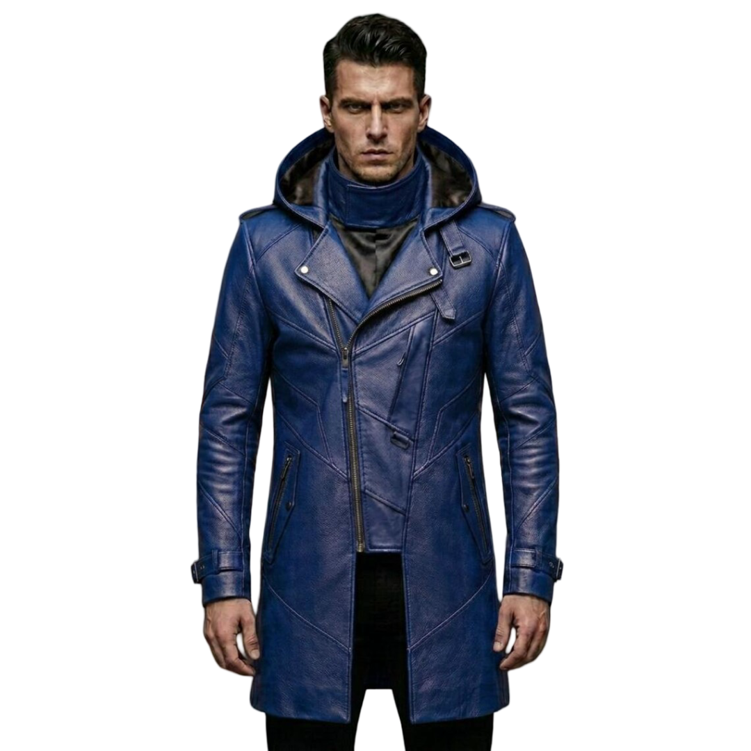 Front view of men blue leather biker trench coat hooded slim fit design