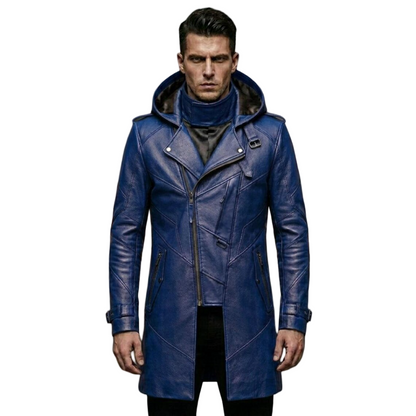 Front view of men blue leather biker trench coat hooded slim fit design