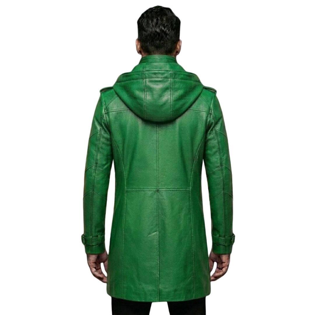 Back view of hooded green leather motorcycle trench coat for men