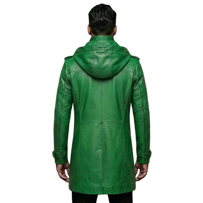 Back view of hooded green leather motorcycle trench coat for men