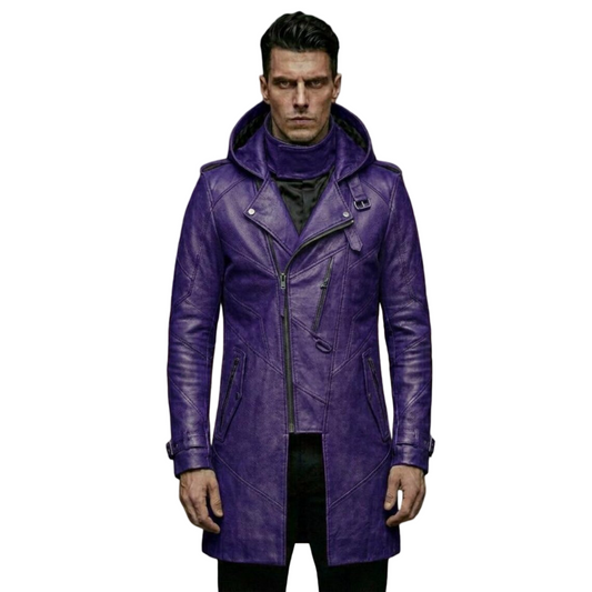  Front view of men purple leather biker trench coat hooded slim fit

