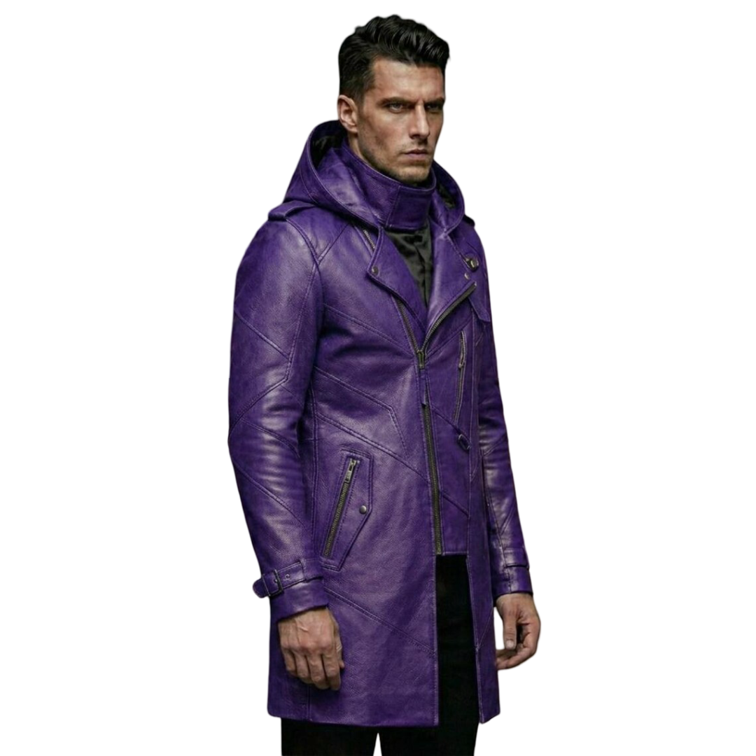 Side profile of slim fit purple leather biker trench coat