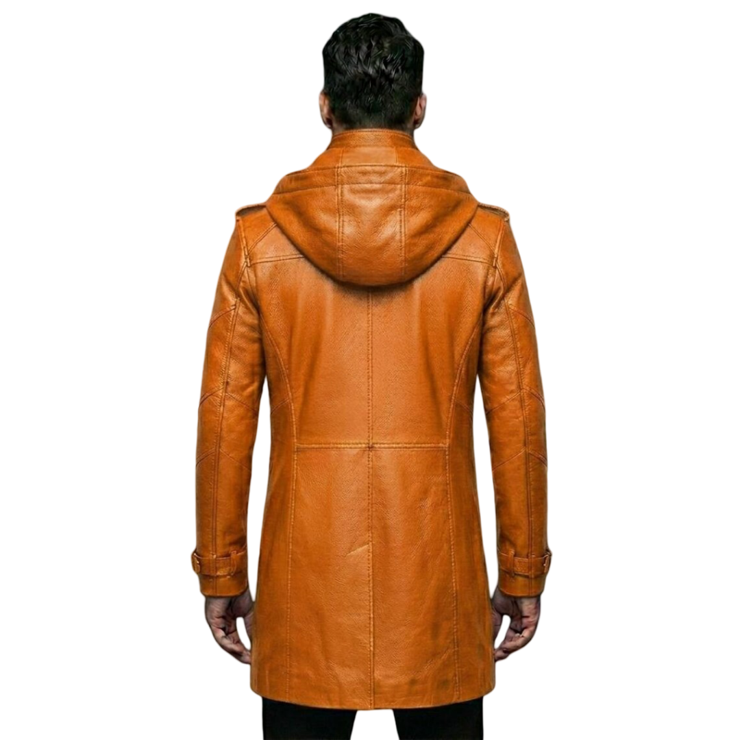  Back view of orange leather biker trench coat with attached hood