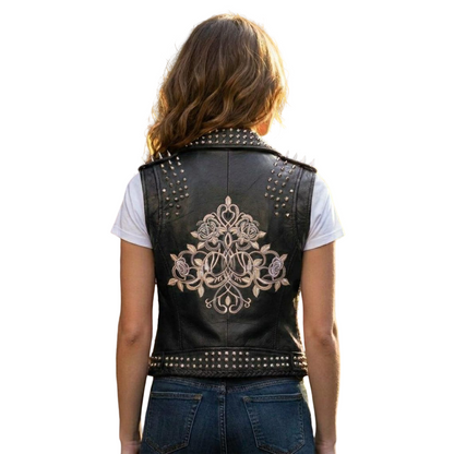 Back view of women black studded leather biker vest