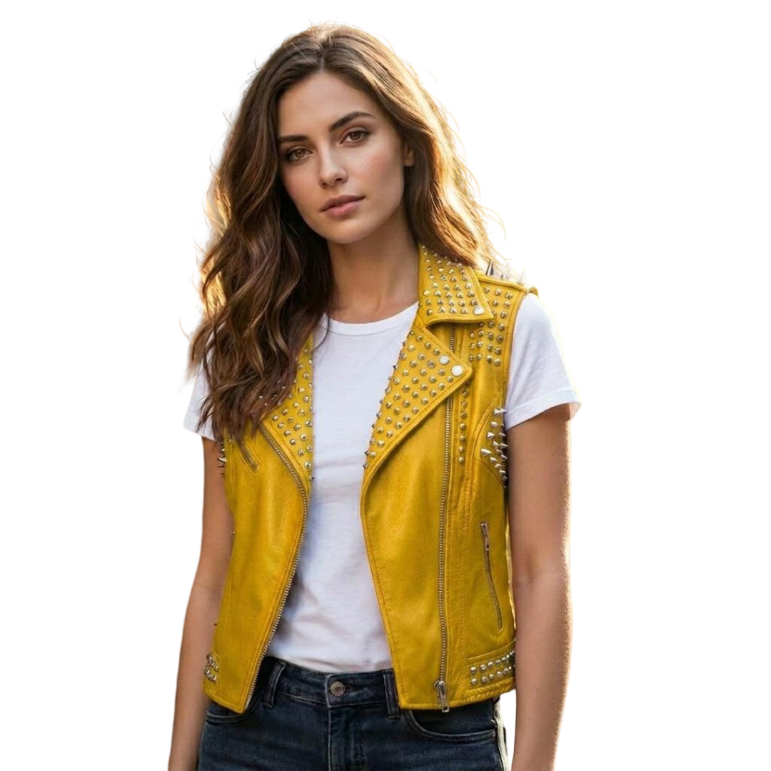 Front view of women yellow studded leather biker vest with floral embroidery