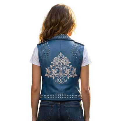 Back view of women blue studded leather biker vest