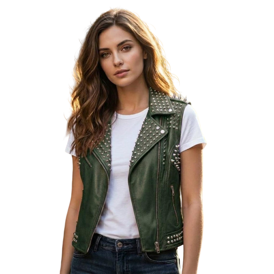 Front view of women green studded leather biker vest with floral embroidery