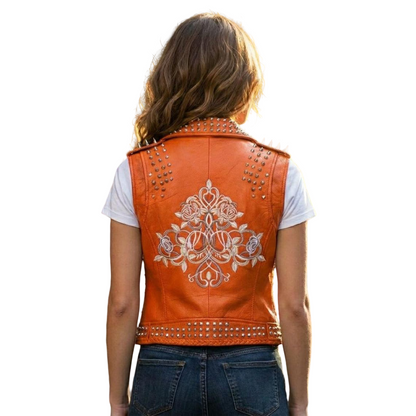 Back view of women orange studded leather biker vest