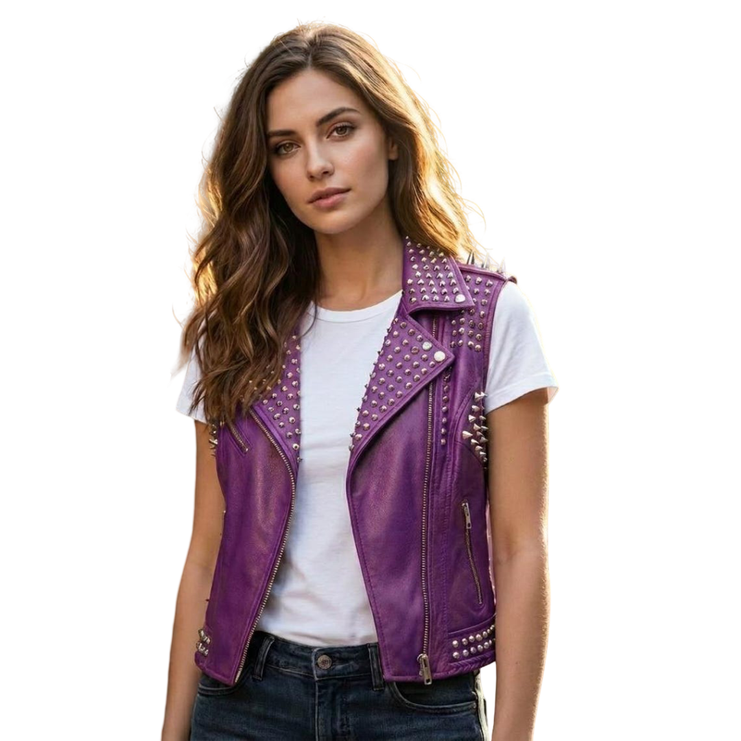 Front view of women purple studded leather biker vest with floral embroidery