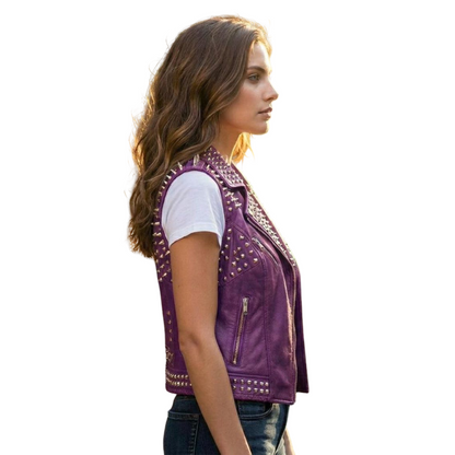 Side detail of purple leather biker vest showing studded shoulder design