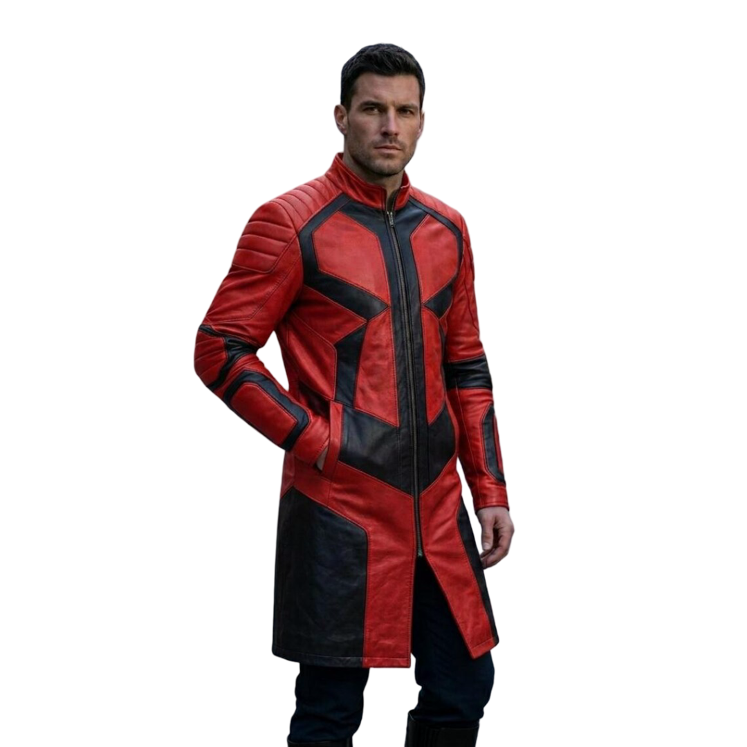 Front view of men red black leather trench coat in cyberpunk biker style