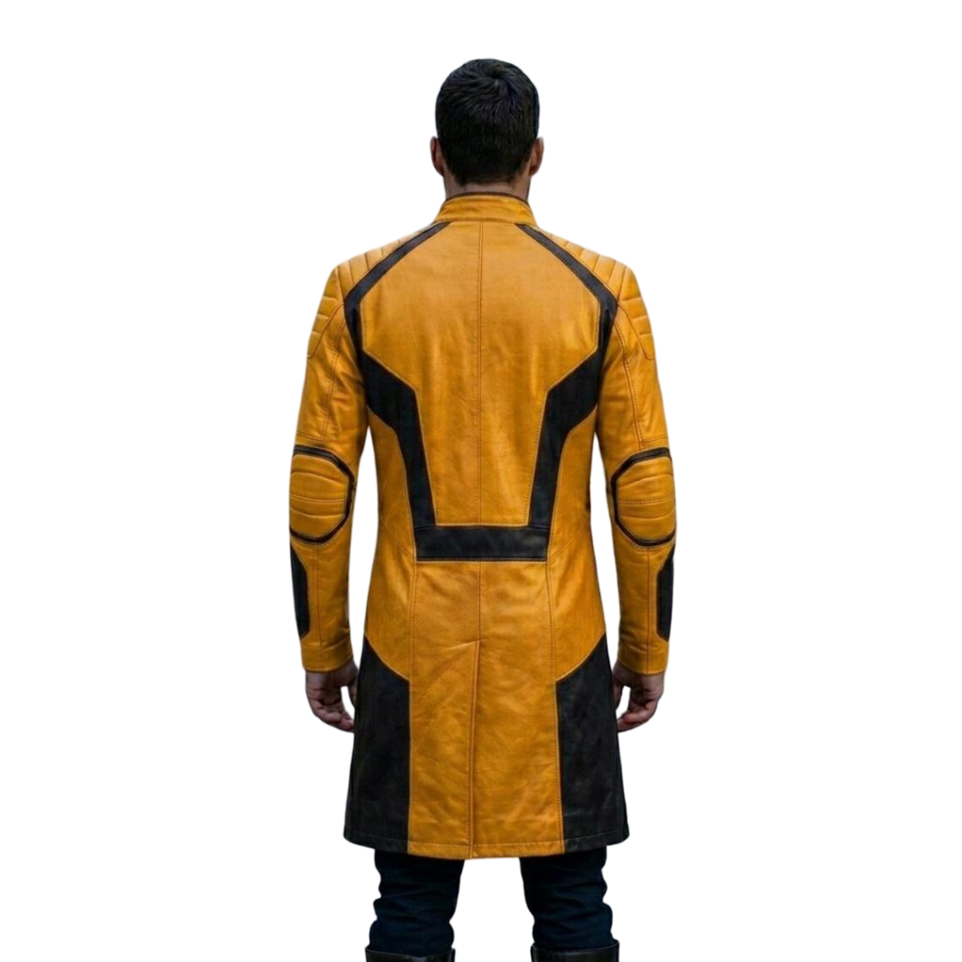 Back view of futuristic cyberpunk biker leather coat for men
