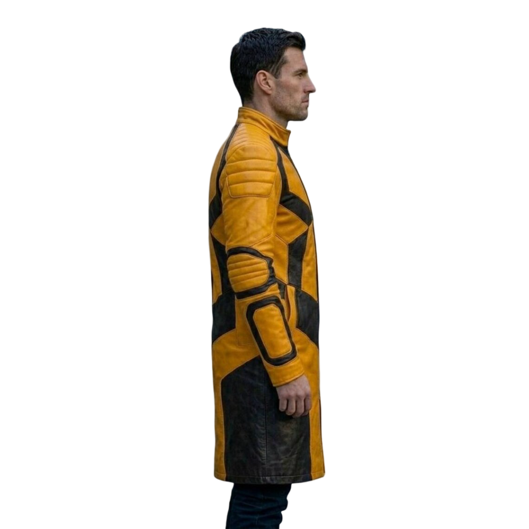  Side profile of yellow black leather coat with long trench design