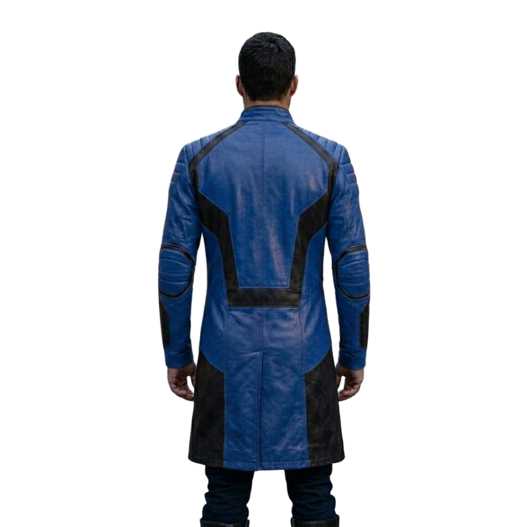  Back view of the two tone gothic streetwear coat displaying premium stitching