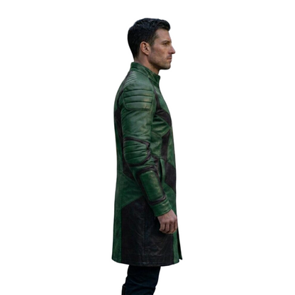 Side profile of the gothic biker long jacket highlighting motorcycle inspired shoulder details
