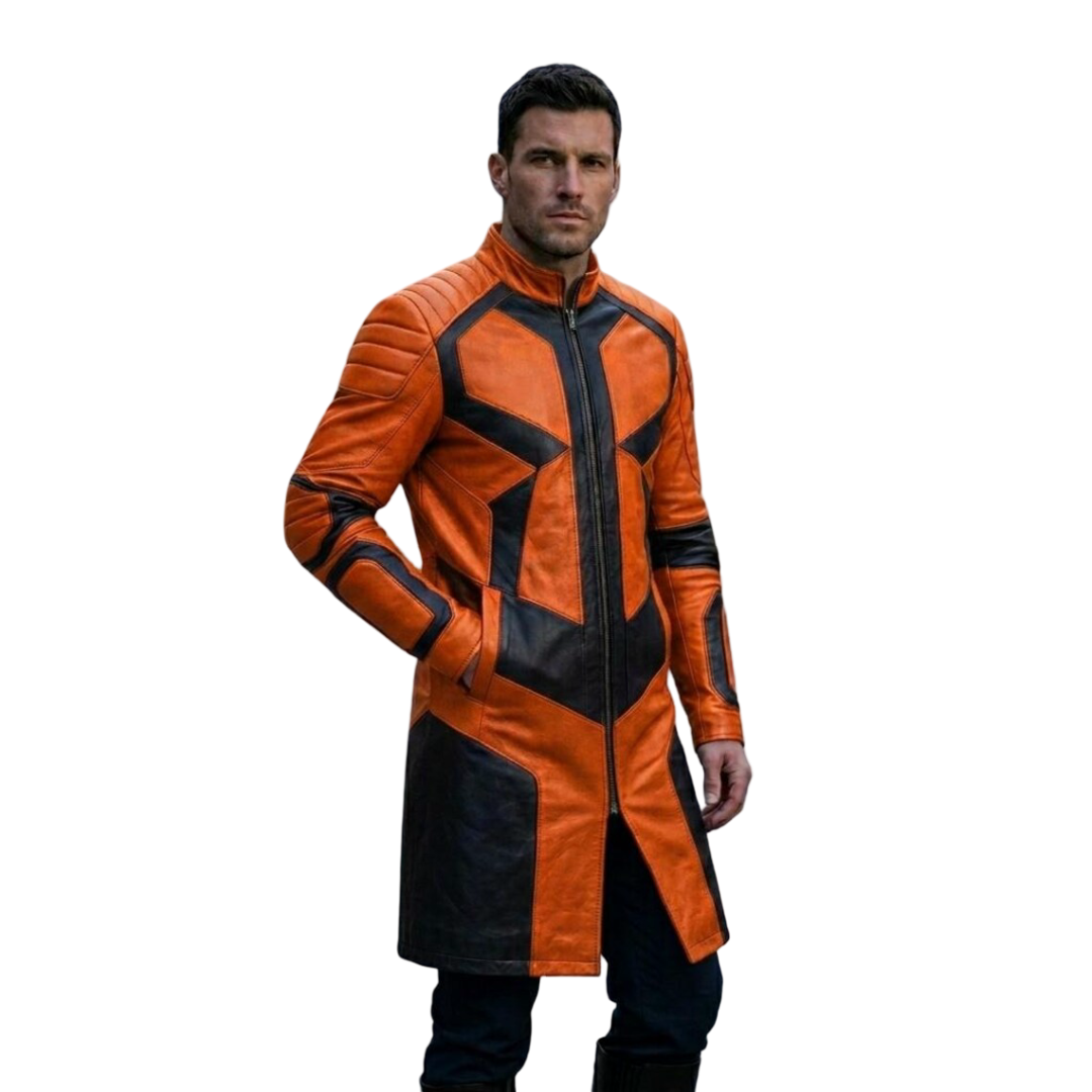 Front view of new men's orange on black leather trench coat showcasing the asymmetrical zipper and futuristic biker fit.