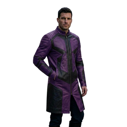Premium asymmetrical front zipper closure detail on a futuristic biker trench coat.