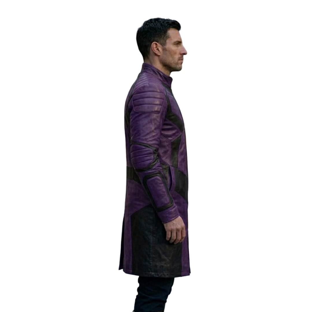 Best side profile silhouette of a purple on black moto coat with a snap lapel collar.