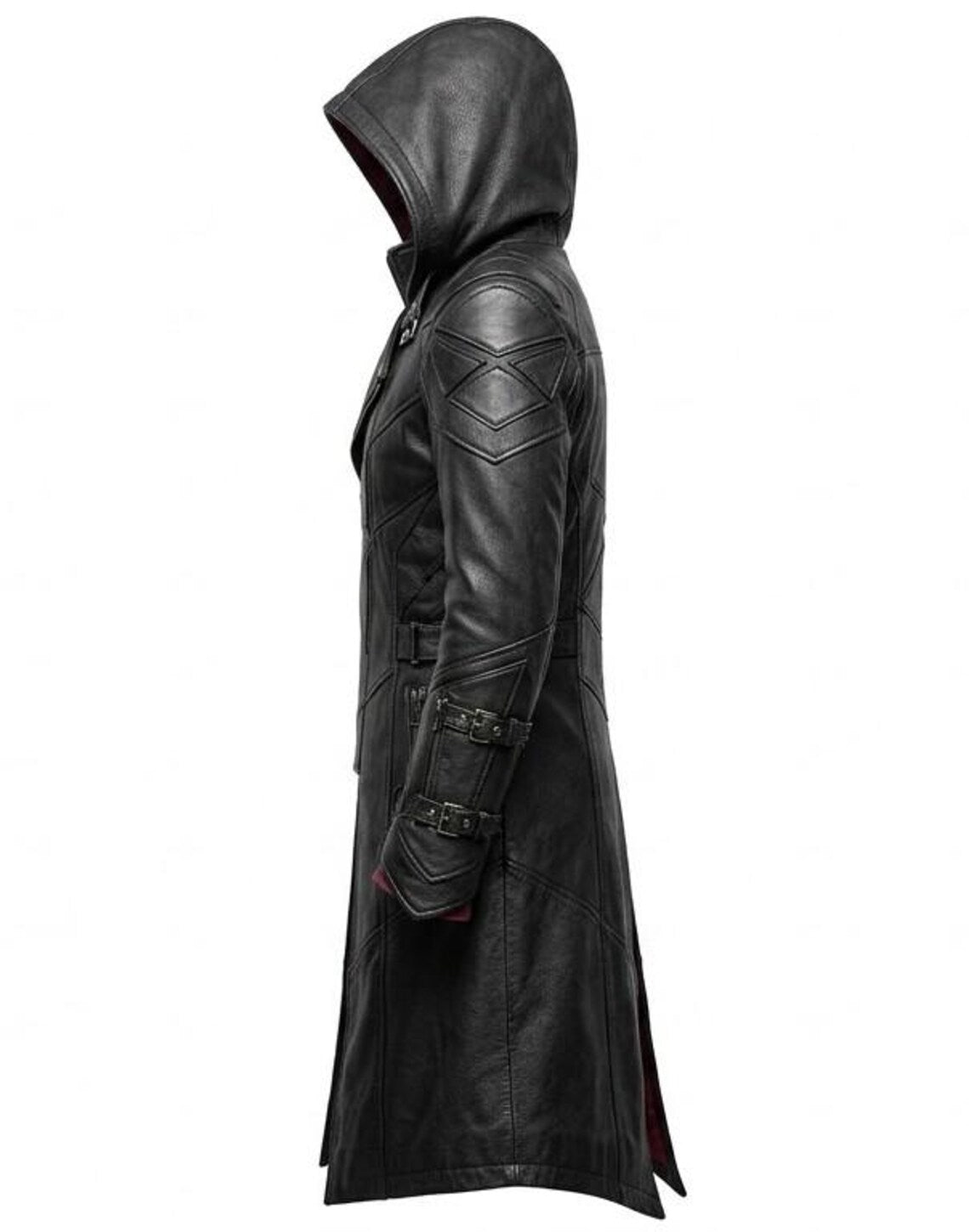 Side profile of gothic cyberpunk black leather trench coat