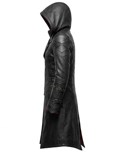 Side profile of gothic cyberpunk black leather trench coat